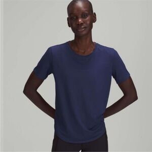 Lululemon High Neck Run and Train Tee 4 Blue Short Sleeve Reflective night sea